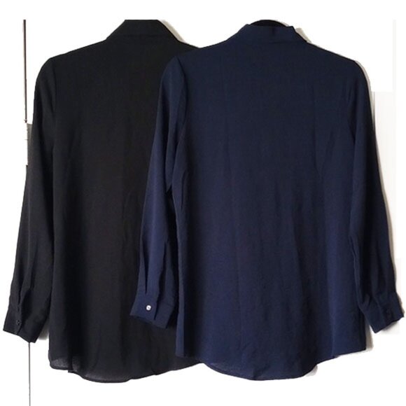 Set of 2 Qegar Long Sleeve Button-Down Blouse Shirt S Black Navy - Picture 2 of 7